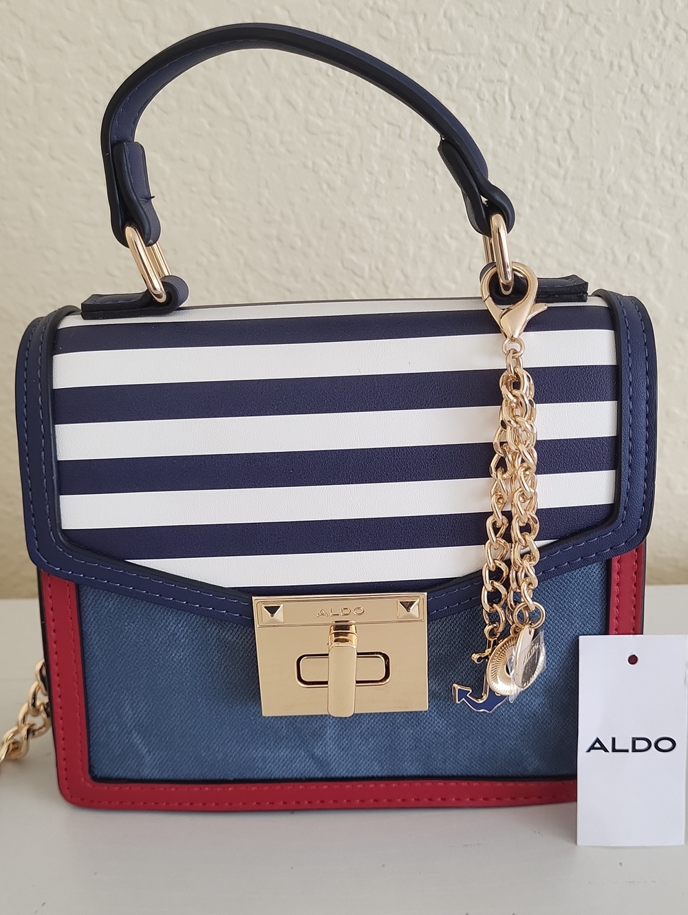 Aldo Navy White Striped Top-Handle Mini Satchel/Crossbody